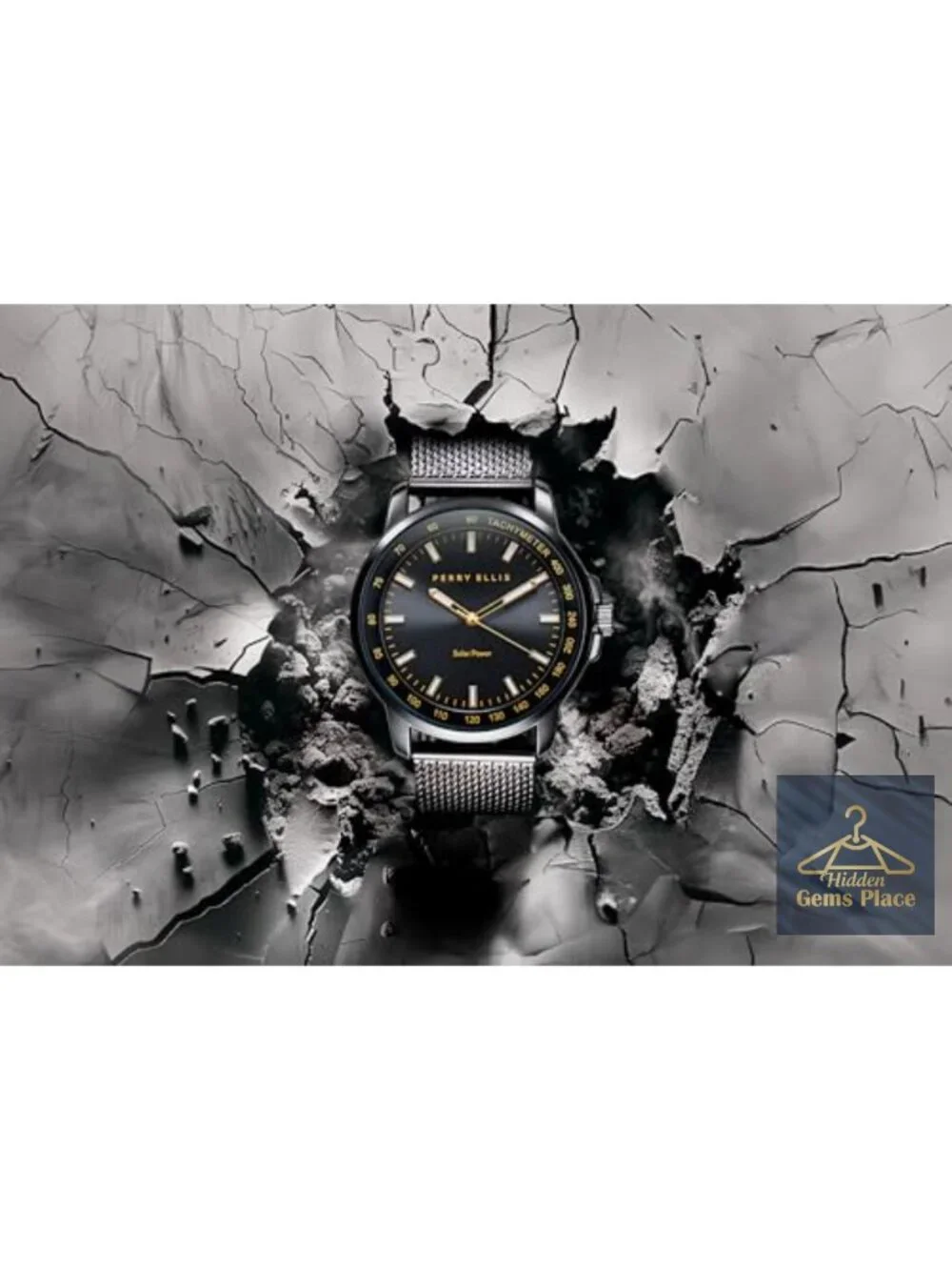 Men's Solar Powered Analog Watch, Steel Mesh Band, Water Resistant, 43mm,